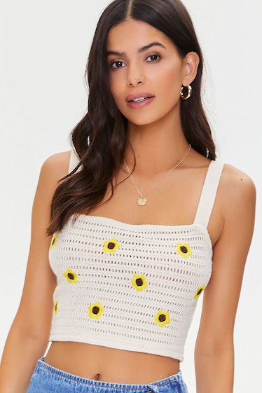 A white, crochet tank top from Forever 21 with sunflower polka dots.
