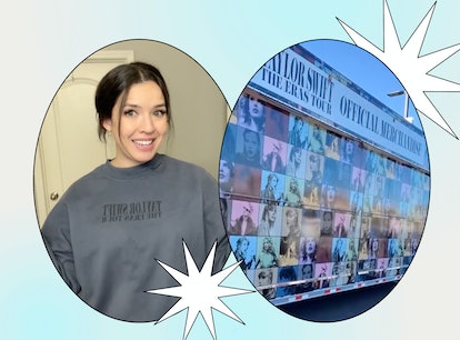 A Swiftie shows off the Taylor Swift 'Eras Tour' blue crewneck from the merch truck that everyone wa...